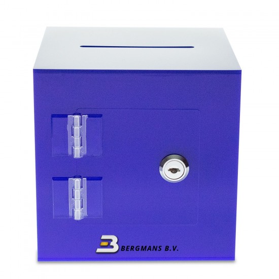 Loterijbox blauw met slot en 2 scharnieren